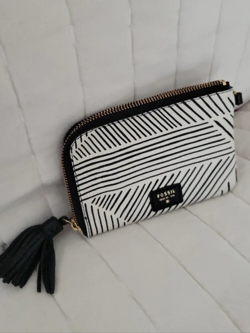 Fossil Black & White Striped Tassel Zip Pouch